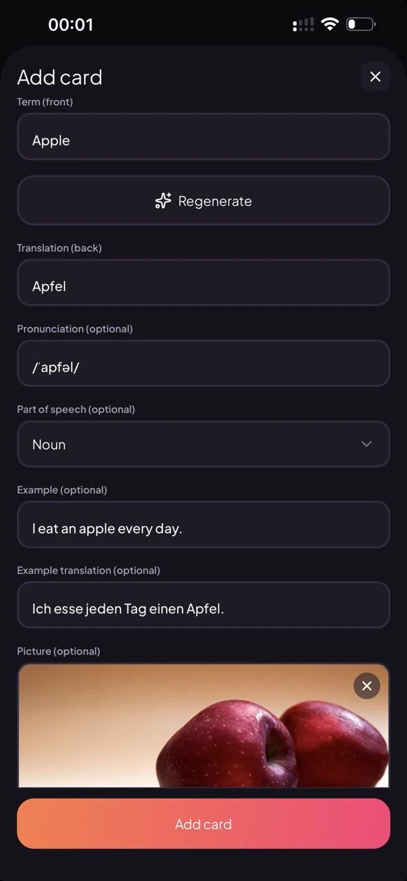 SwipeLex — add a card