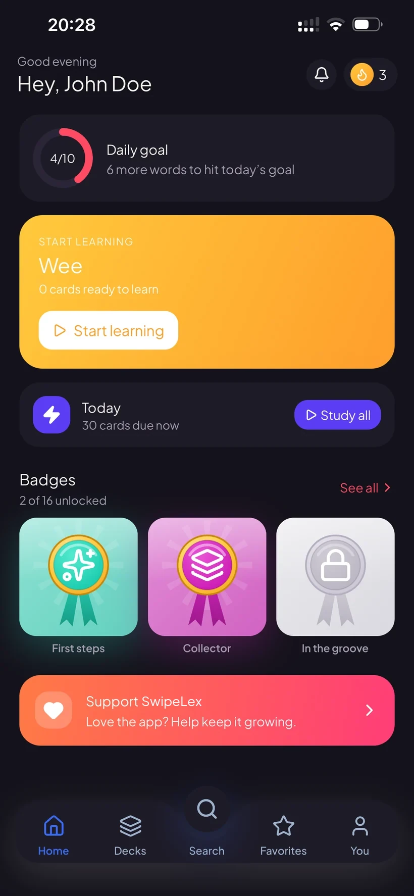 SwipeLex — home screen